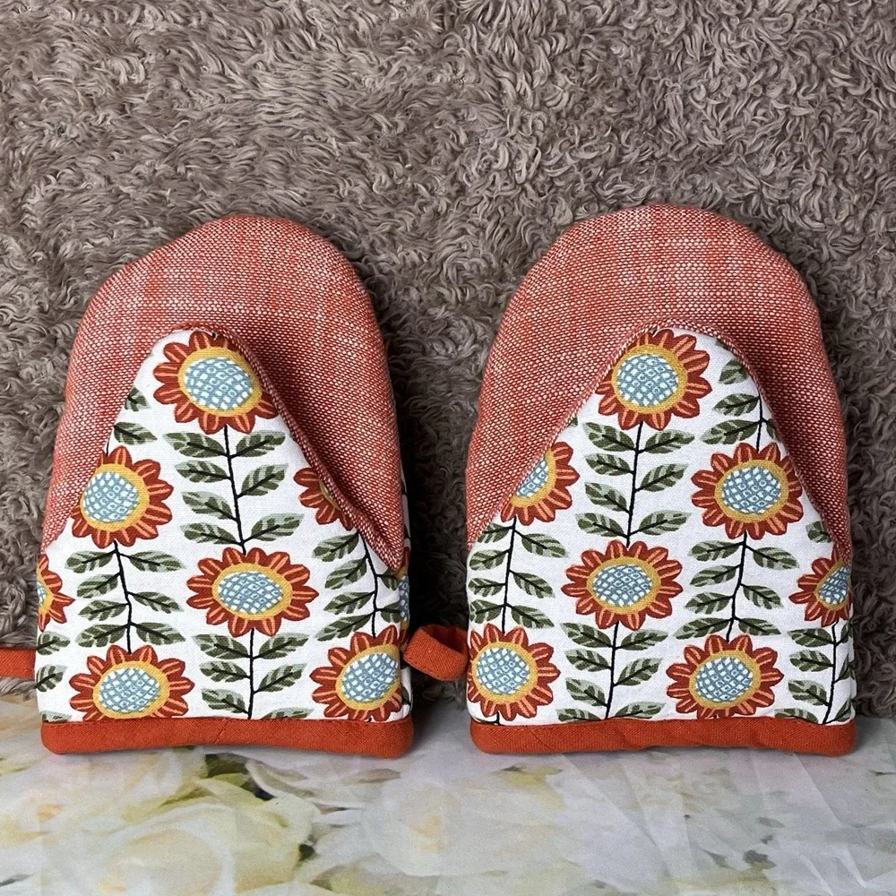 Kay Dee Grabber Oven Mitt Set Autumn In Bloom Sunflowers Pattern Orange Gloves